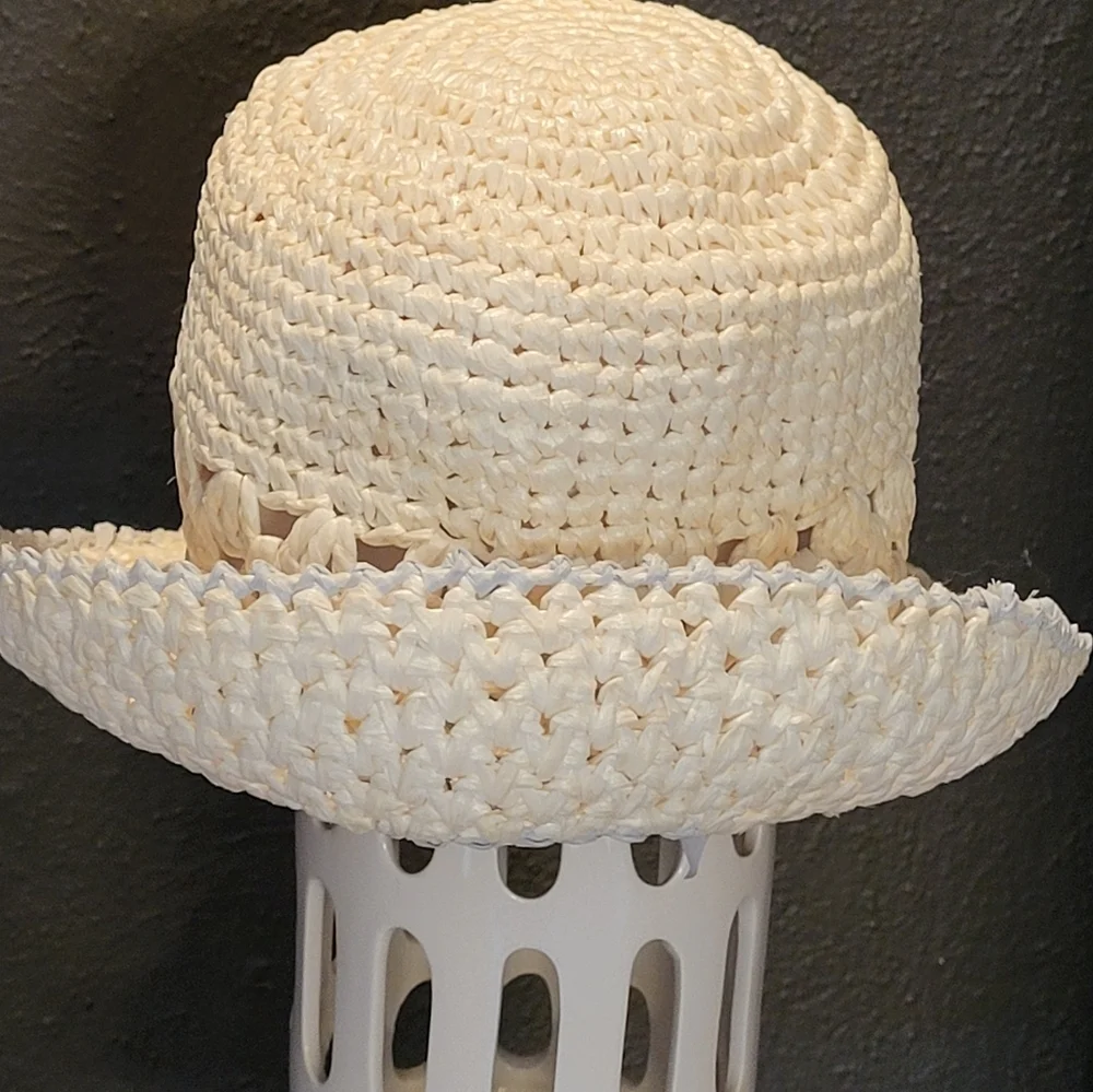 1960s Handwoven In Italy White Raffia Bucket/Sun Hat Blue Trim One Size